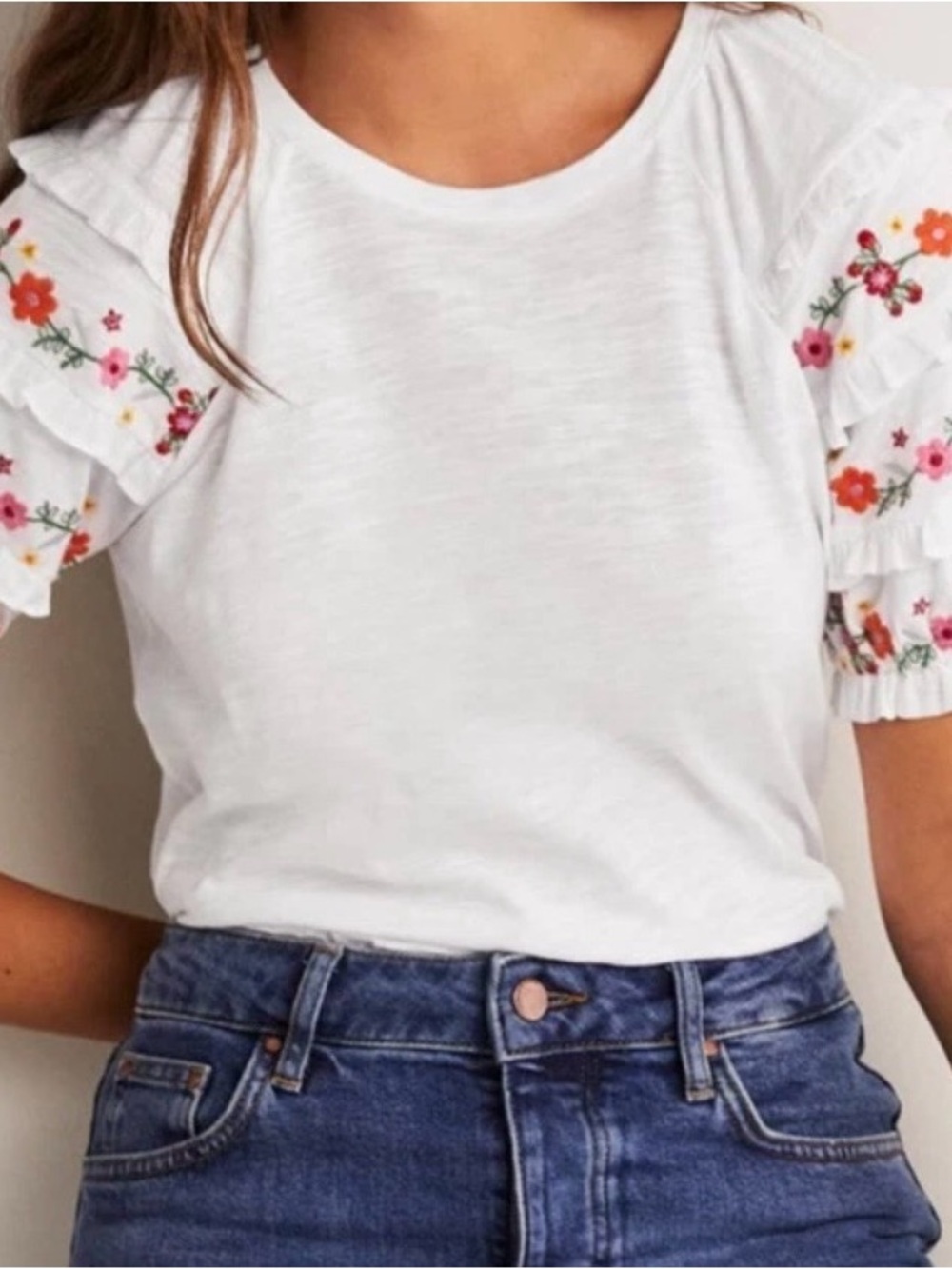 Boden White Tee with Floral Embroidered Ruffle Sleeves - Size 4